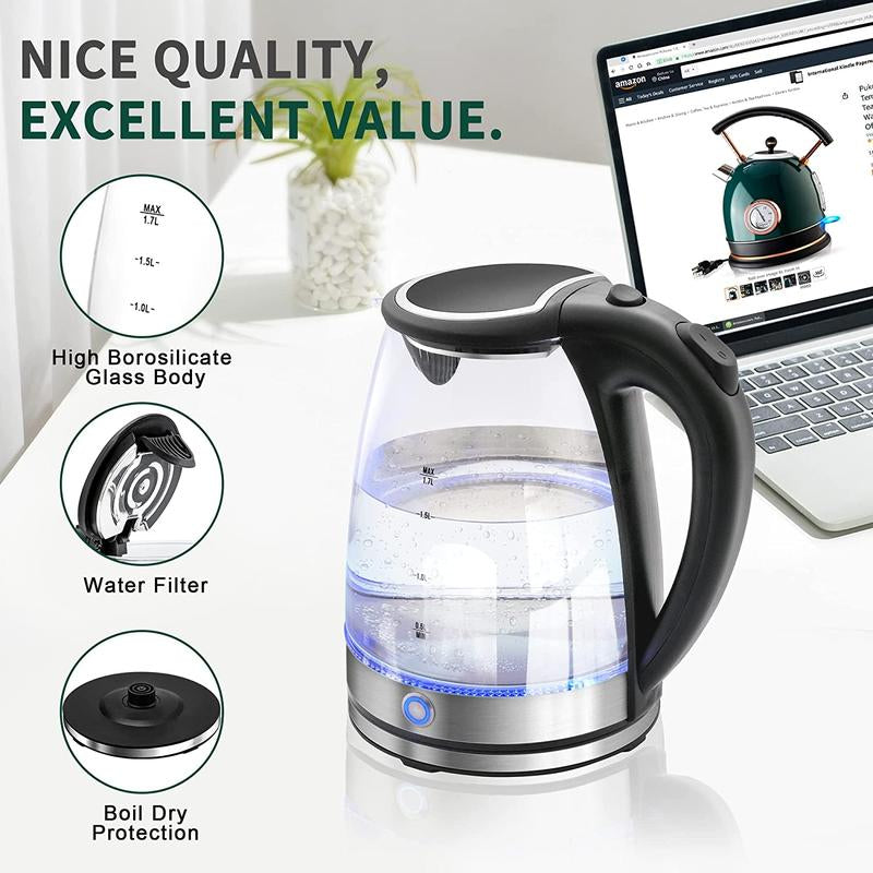 White Electric Kettle 1.7L Double Wall Water Boiler 1200W with Cold Water Boil Auto Shut-Off & Boil-Dry Protection, Durable Household Appliances