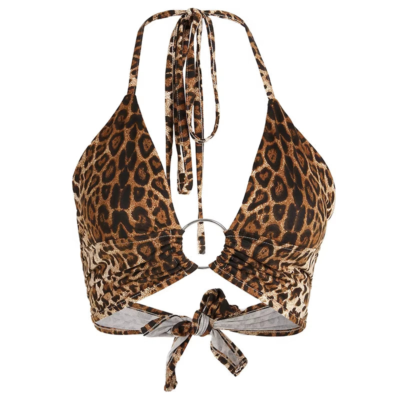 Leopard Printed Sexy Halter Crop Top Women