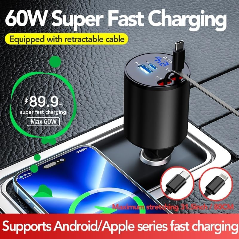 Retractable Car Charger, 4 in 1 Super Fast Car Phone Charger 60W