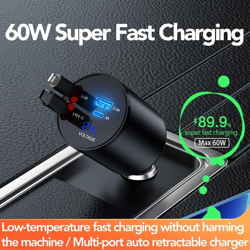 Retractable Car Charger, 4 in 1 Super Fast Car Phone Charger 60W
