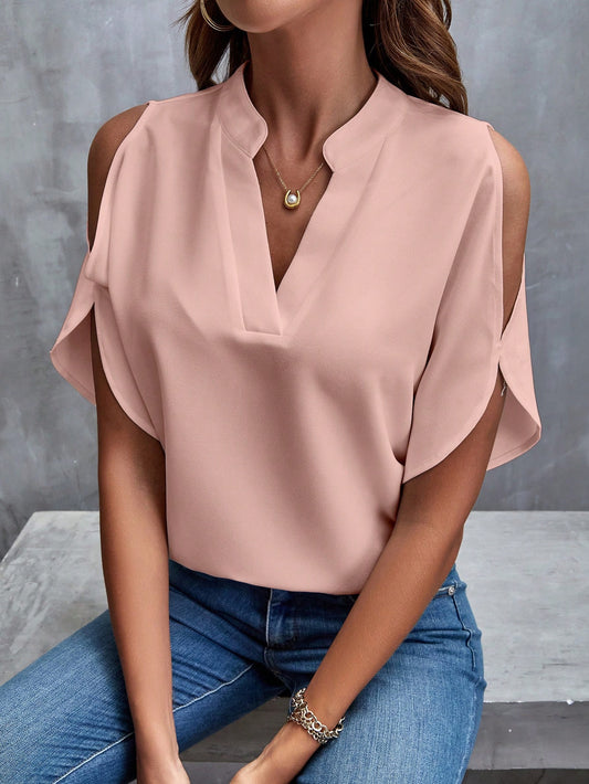 Solid Cold Shoulder Split Sleeve Popover Blouse