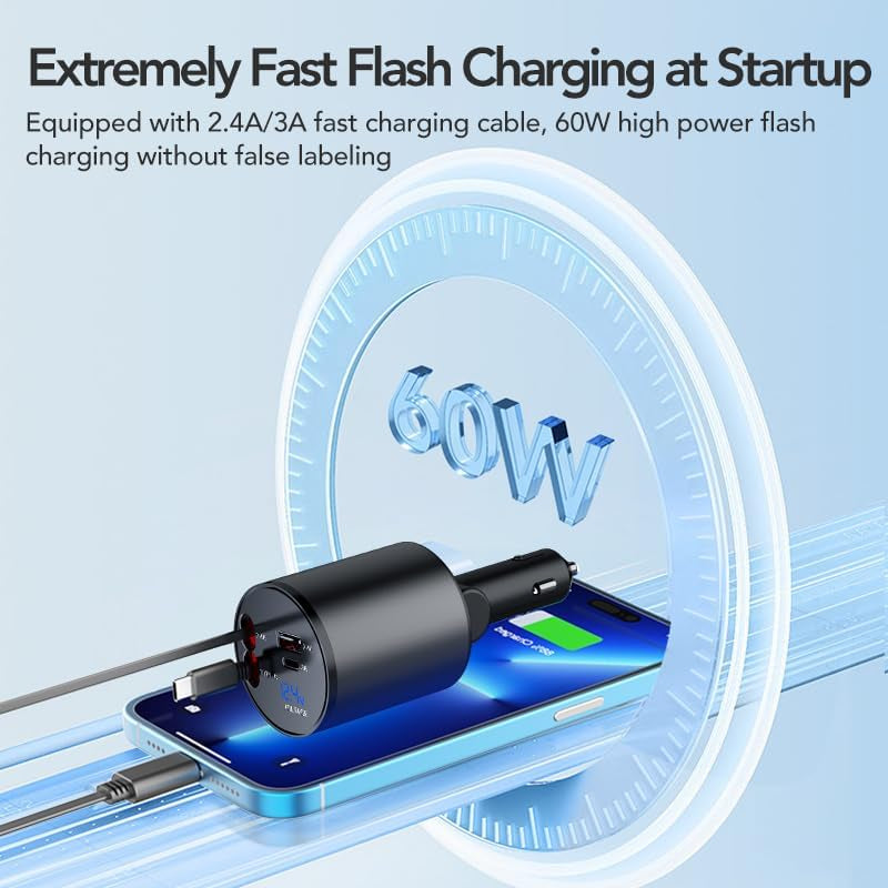 Retractable Car Charger, 4 in 1 Super Fast Car Phone Charger 60W