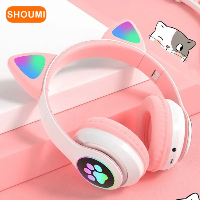 Flashing LED Cute Cat Ears Headphones Bluetooth