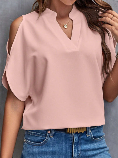 Solid Cold Shoulder Split Sleeve Popover Blouse