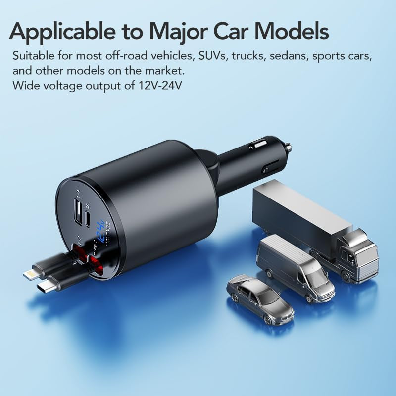 Retractable Car Charger, 4 in 1 Super Fast Car Phone Charger 60W