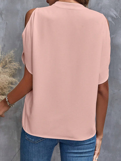 Solid Cold Shoulder Split Sleeve Popover Blouse
