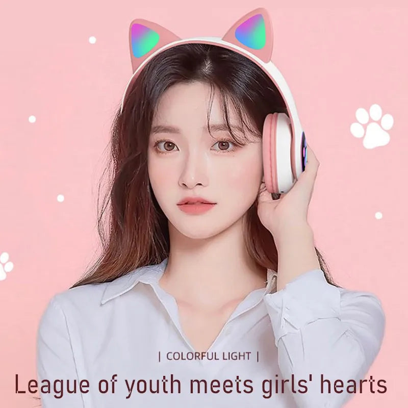 Flashing LED Cute Cat Ears Headphones Bluetooth